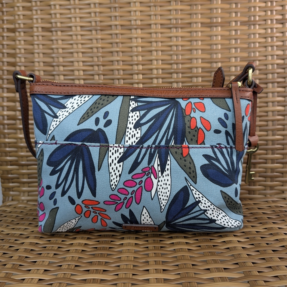 Fossil Coated Canvas Faux Leather Crossbody Bag Tropical Design Blue Key Charm